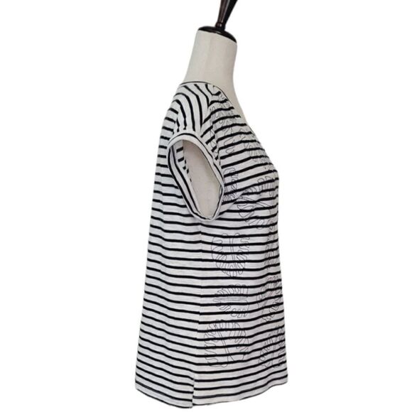 Skies Are Blue Navy Blue & White Stripe Leaf Embroidery Rolled Sleeve Top Size M - Picture 2 of 8